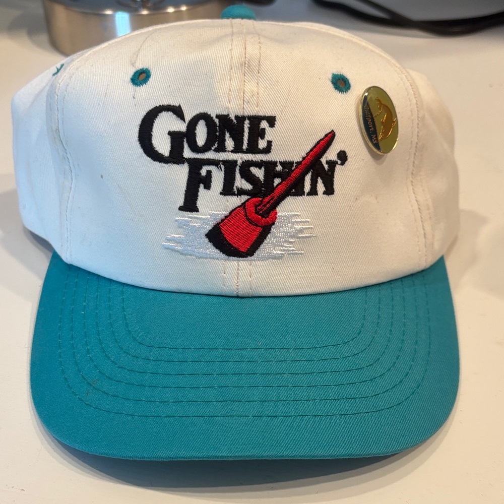 Gone Fishin' vintage White and Teal Cap - Picture 2 of 5